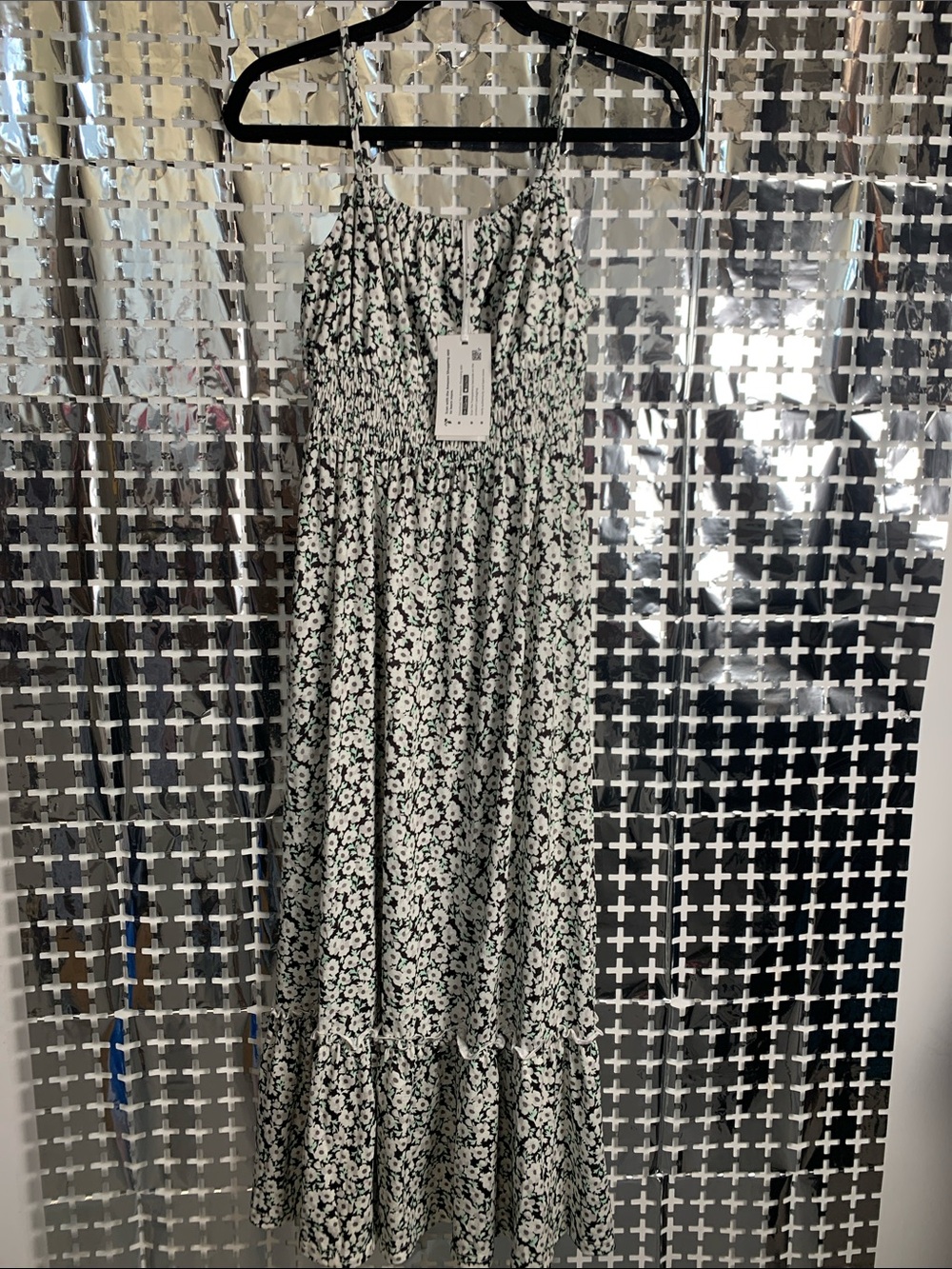 Grace Karin Black and White Floral Smocked Dress with Mint Accents